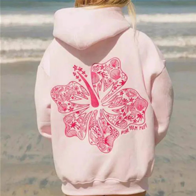 PINK PALM PUFF Street Hoodies Casual Female Sweatshirt Fashion Hoodie  Embroidery Oversize Loose New Sweatshirts Autumn Clothing