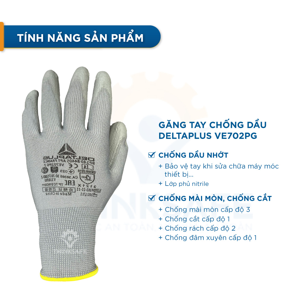 Găng tay lao động Deltaplus VE702PG phủ PU chống cắt chống dầu Bao tay lao động ôm tay thao tác chính xác -Thinksafe