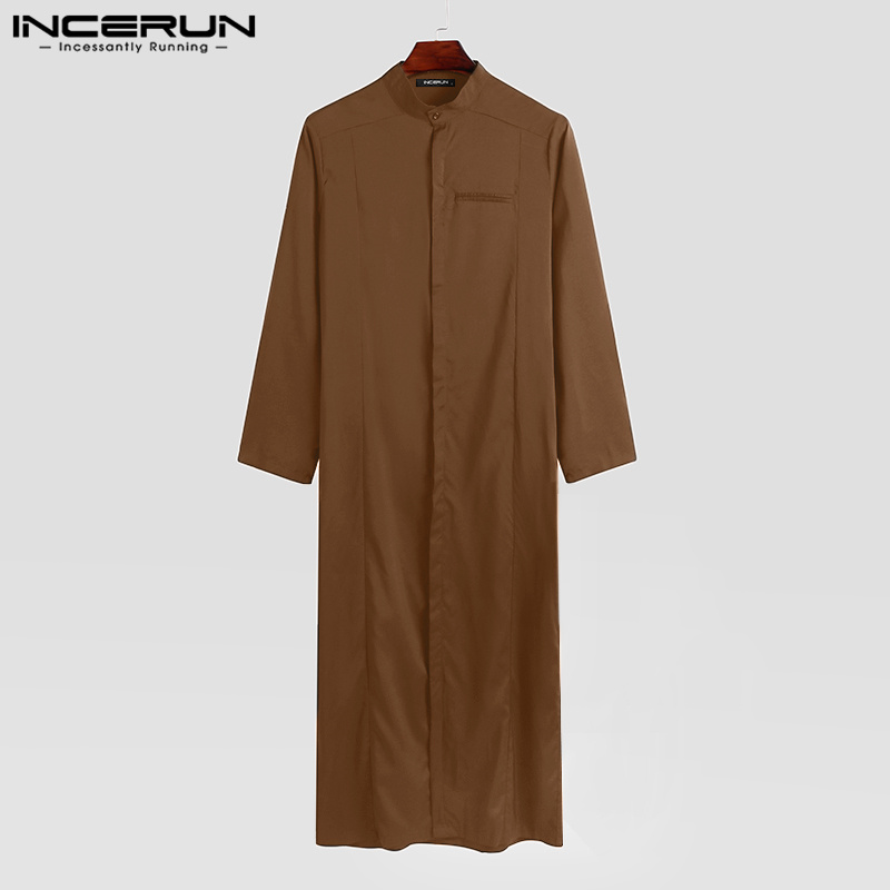 Medussa INCERUN Men Muslim Solid Jubba Thobe Long Sleeve Stand Collar Pockets Robes Arabic Kaftan (Casual Wear)