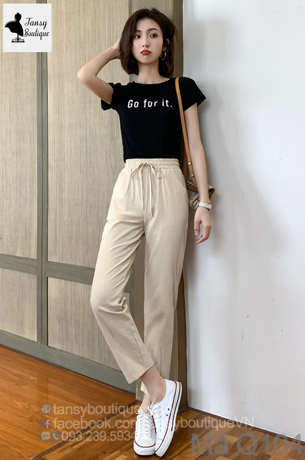 Quần baggy nữ vải đũi xước Hàn mặc cực mát