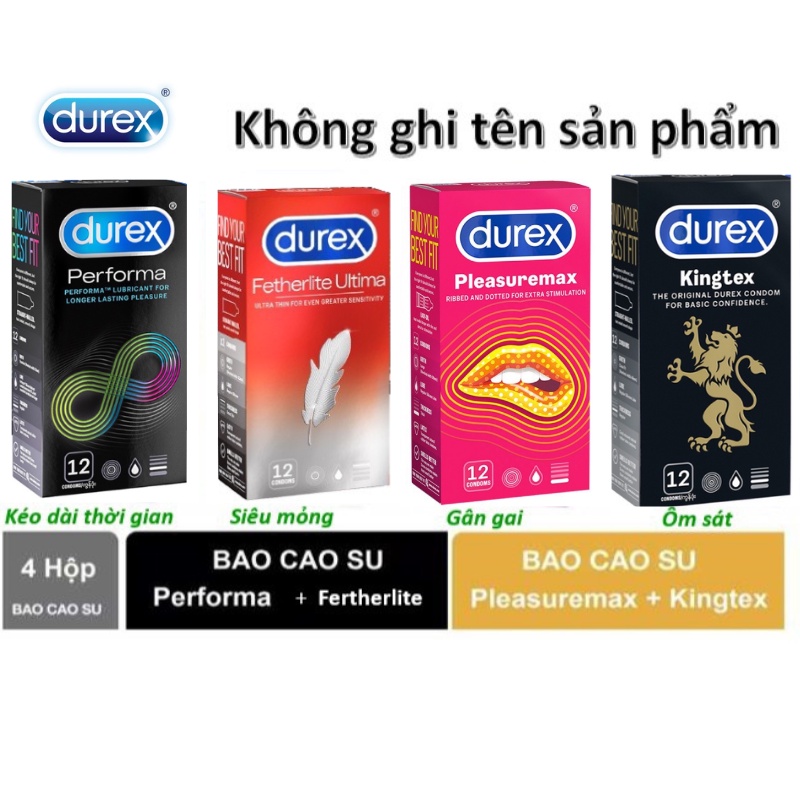 (Combo 4 hộp) Bao cao su Durex Performa, fetherlite, pleasuremax, kingtex - 48 cái