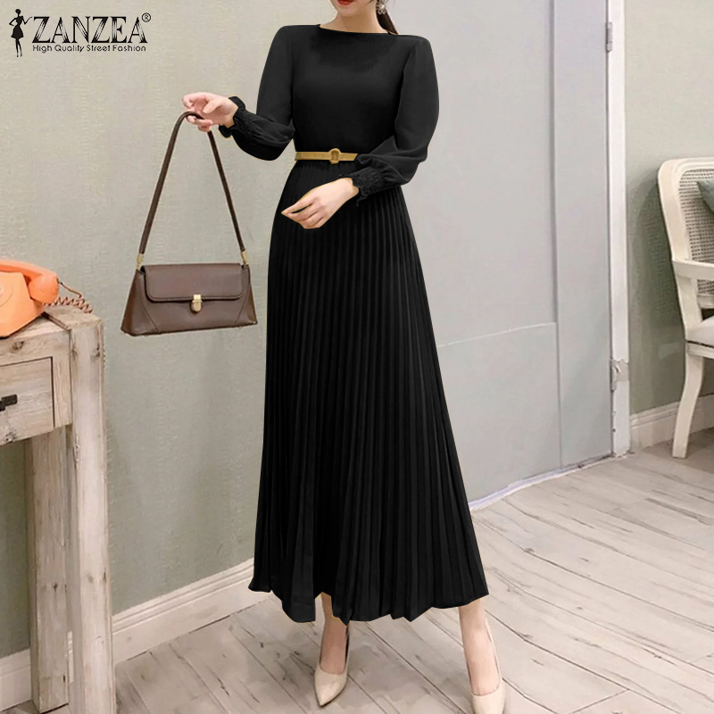 ZANZEA%20Korean%20Style%20Womens%20Elegant%20Crew%20Neck%20Lantern%20Sleeves%20Midi%20Dress%20OL%20Work%20Solid%20Pleats%20A-Line%20Dresses%20-%20Image%203