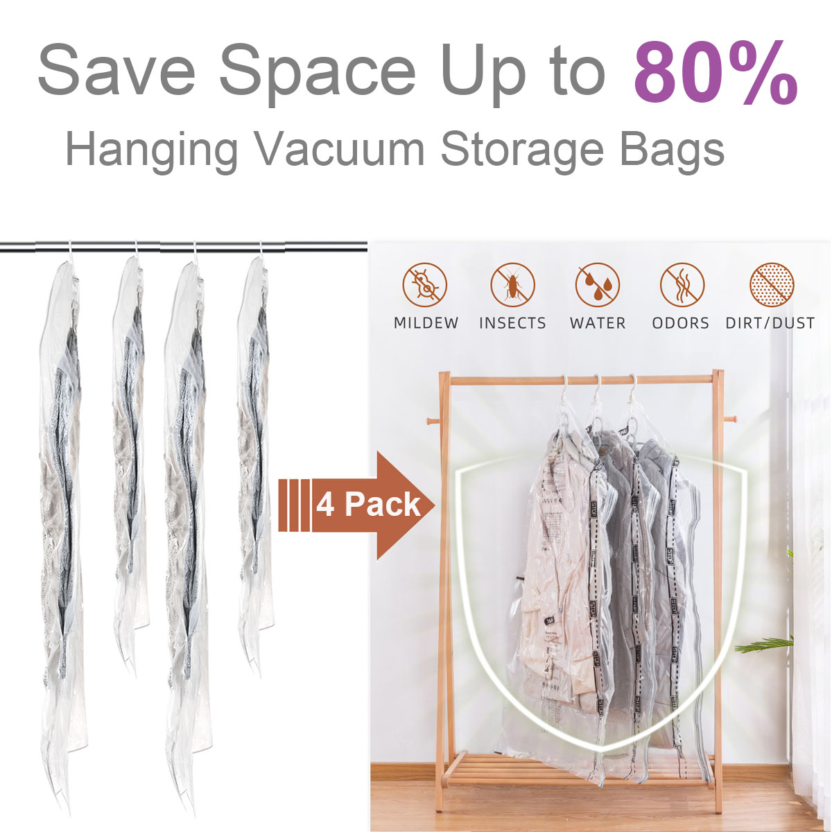 5 Pack Hanging Vacuum Seal Storage Space Saver Bags for Clothes Dress Suits