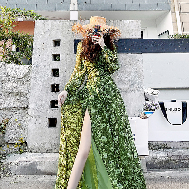 DuYan V-neck slit long sleeve dress