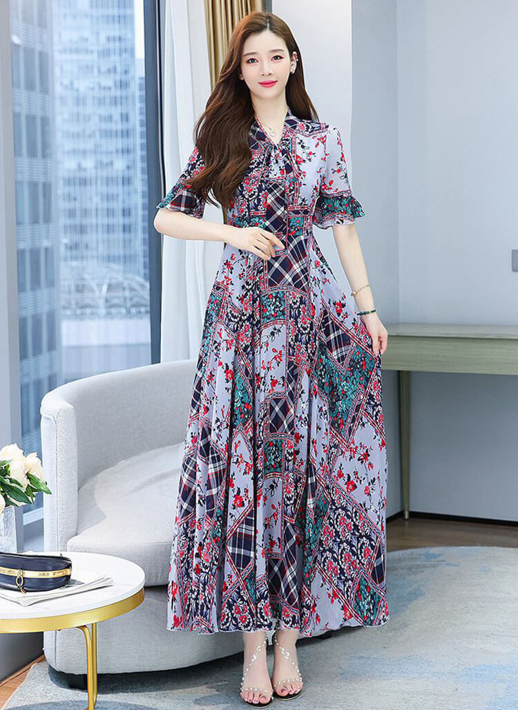 Đầm maxi họa tiết nơ cổ KV320-30