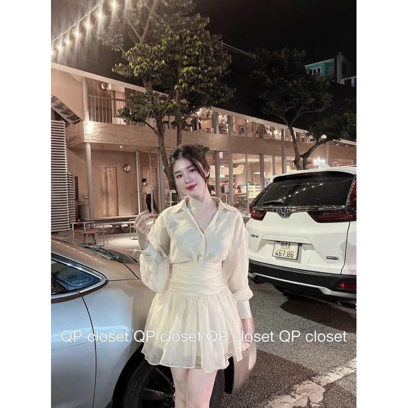 Set áo sơ mi lụa cổ bẻ mix chân váy siêu sang
