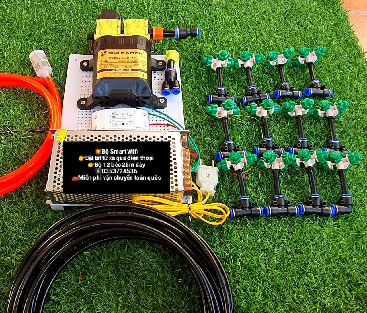 Máy phun sương tưới lan - phun sương làm mát -tưới tự động 8- 12 béc 4 cánh (hẹn giờ , Smart wifi bật tắt từ xa qua điện thoại) bơm đôi Sinleader cho giàn 15m2-25m2