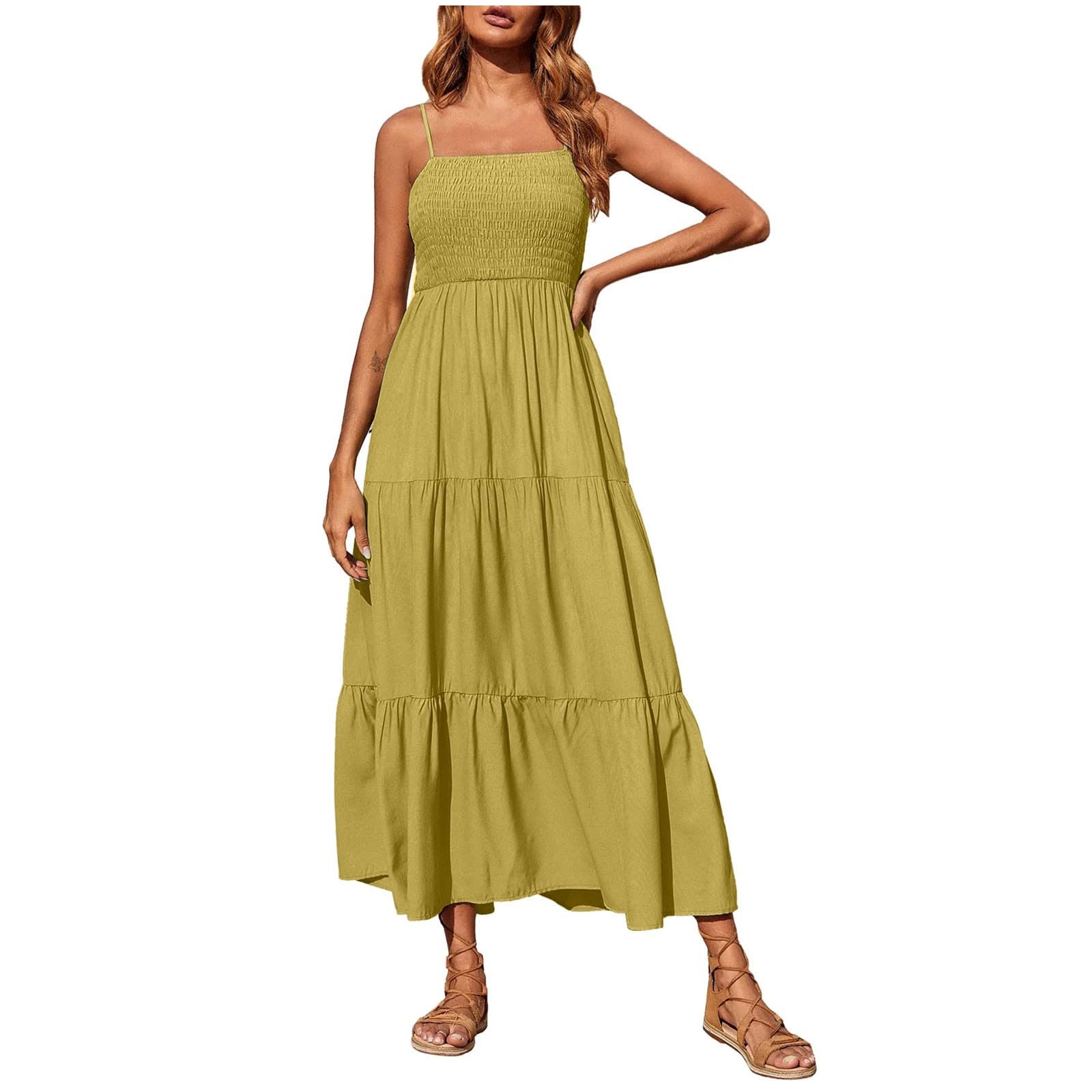 Strapless Dress For Women Solid Color Summer Beach Boho Smocked Tube Top Straps Swing Dress