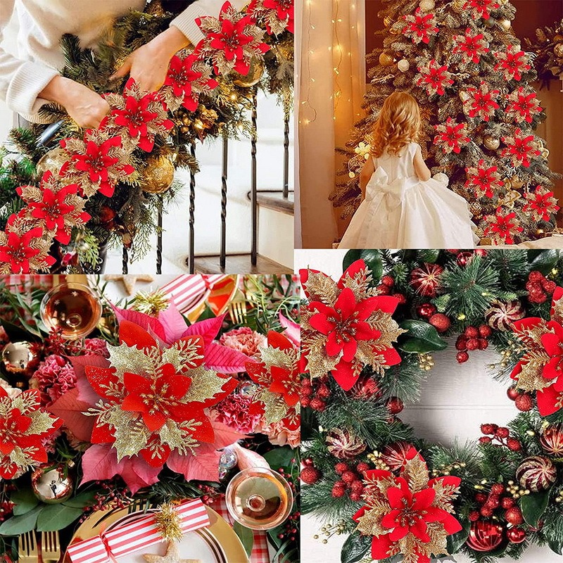 Glitter Poinsettia Christmas Tree Ornaments 10PCS,Artificial Poinsettia...