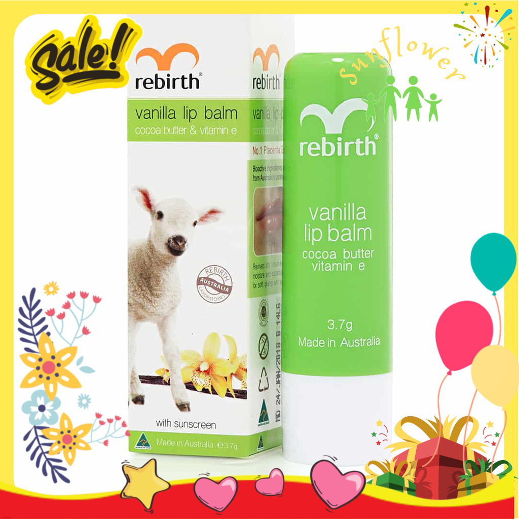 Son dưỡng môi nhau thai cừu màu xanh lá cây hương vani Rebirth Vanilla Lip Balm 3.7g của Úc
