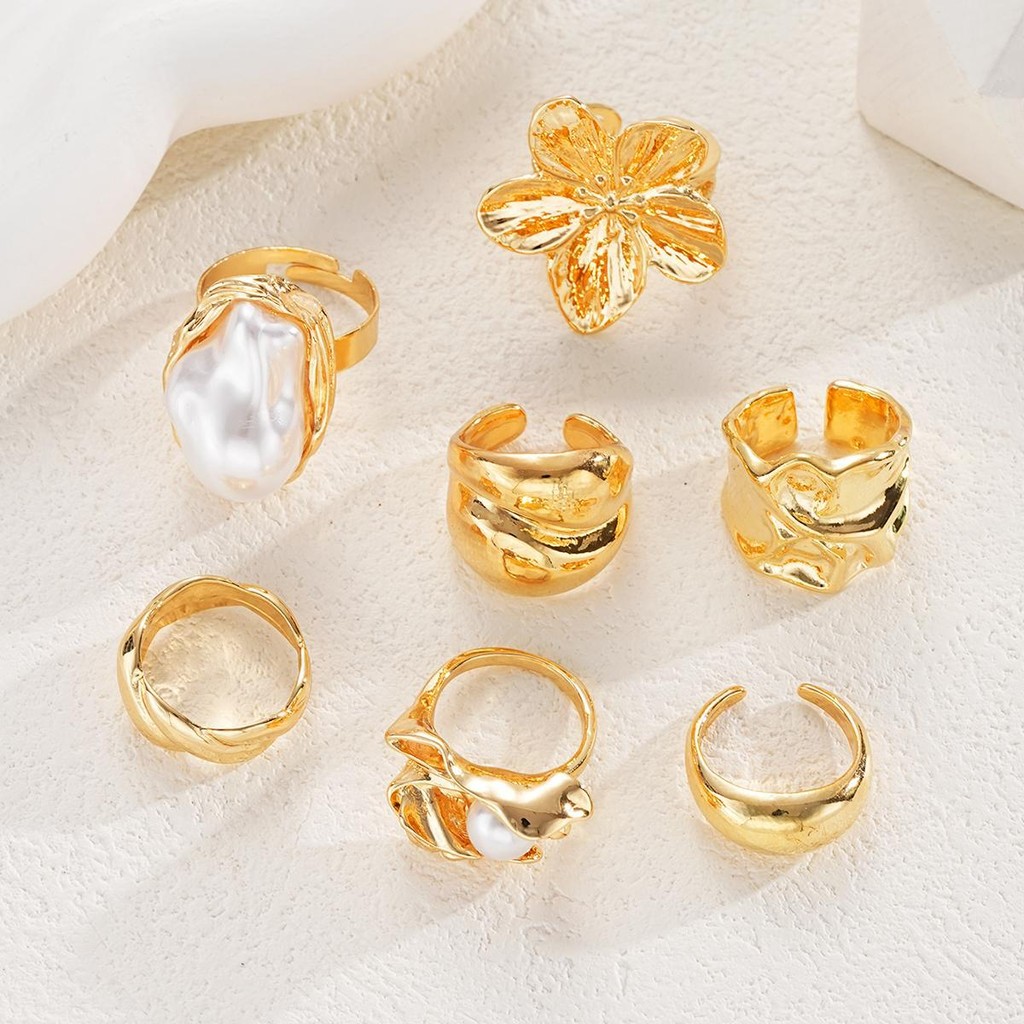 Enacolor%20Elegant%20Women%20Exaggeration%20Irregular%20Geometry%20Flower%20Ring%20Set%20Gold%20Metal%20Pearl%20Joint%20Open%20Rings%20Jewelry%20Accessories%20-%20Image%204