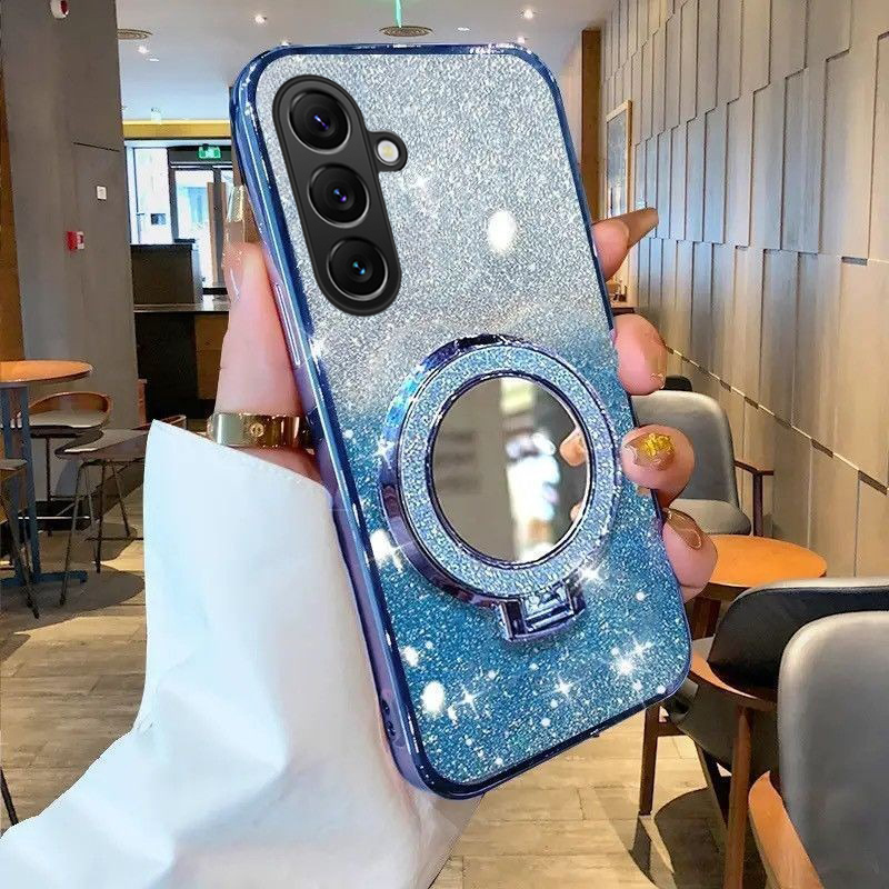 New Phone case Smasung A07 A17 with Makeup Mirror Holder Stand Luxury Shiny Gradient Plating Glitter Slim For Samsung Galaxy A07 A17 case. 