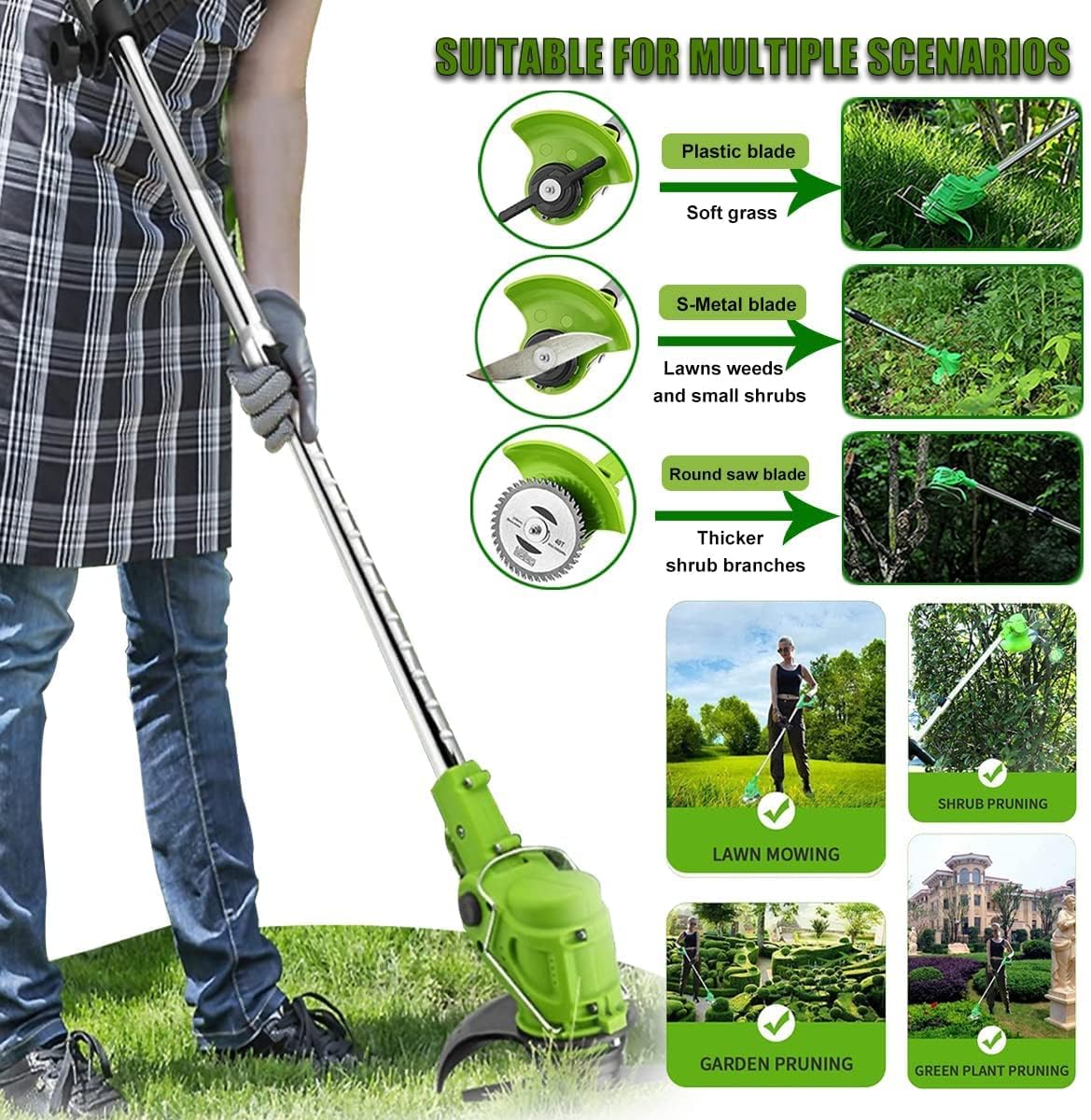 36V Cordless 3-in-1 Weed Wacker & Brush Cutter | Adjustable Telescopic Shaft & 90° Pivoting Head for Effortless Lawn, Garden, and Shrub Trimming | Includes 2 Batteries & Safety Gear. 