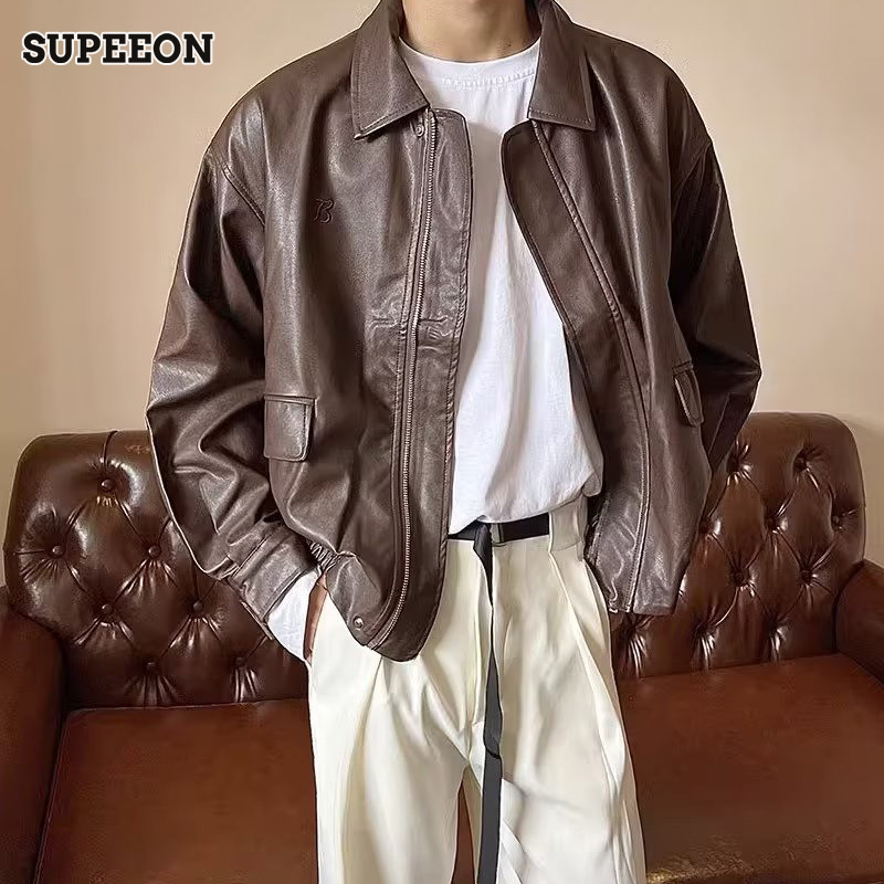 SUPEEON Men s jacket new trend American retro solid color top loose casual