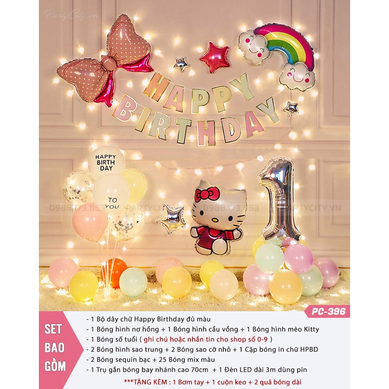 Set trang trí sinh nhật Hello Kitty kèm Background sinh nhật, thôi nôi, đầy tháng in tên cho Bé Gái thích mèo Kitty
