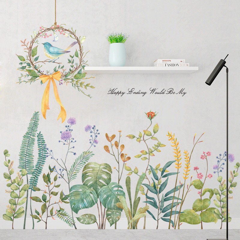 Decal trang trí tường - Cây lá phong cách và vòng chim-BA019