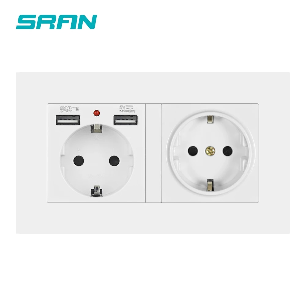 【Limited Time Only】 Sran Eu 2gang Power Socket 16a Electrical Plug Grounded Hide Led Indicator Double Socket With Usb 146*86mm Pc Panel Wall Socket