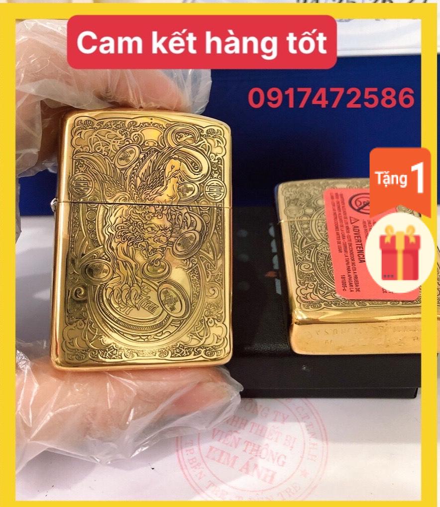 Bật lửa Zippo Armor vỏ dầy mẫu Tỳ Hưu Khắc Chìm 5 Mặt Màu Vàng - Vỏ đồng - Có Tem đỏ