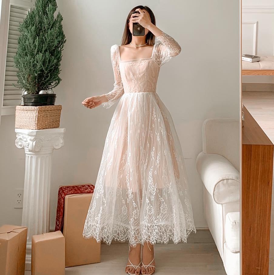 đầm ren dáng dài có lót lụa xinh lung linh ld22