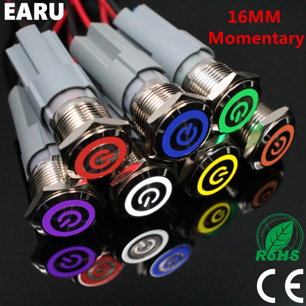 【TrendGlobe】16mm Metal Stainless Steel Momentary LED Horn Push Button Switch 5V 12V 24V 110V 220V Waterproof Car Auto Engine PC Power Start. 
