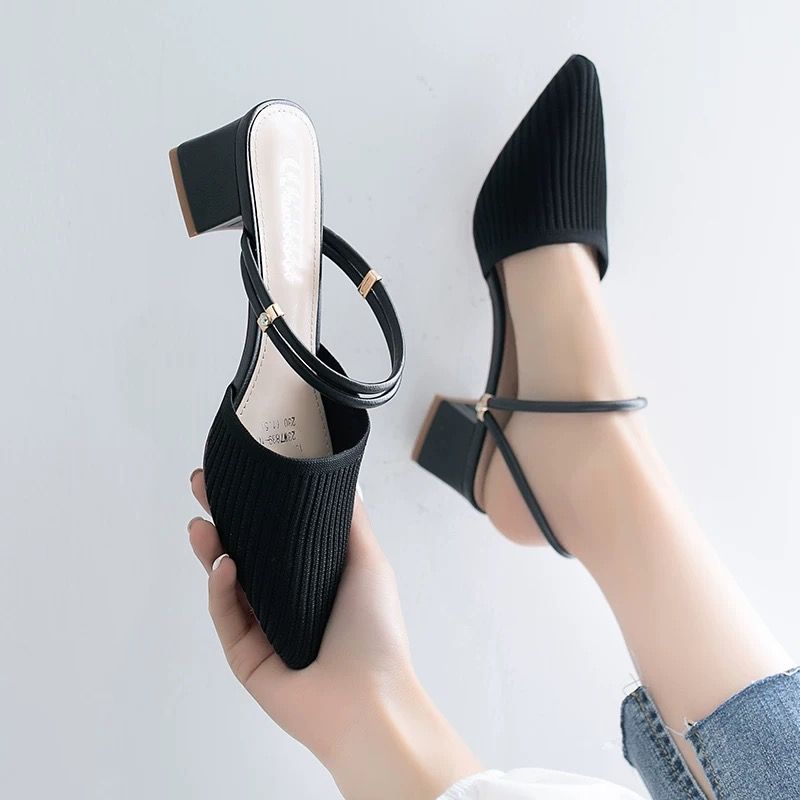 Sandals, slippers, summer 2023, new pointed thick heeled single shoes, medium heeled high heeled women's shoes
