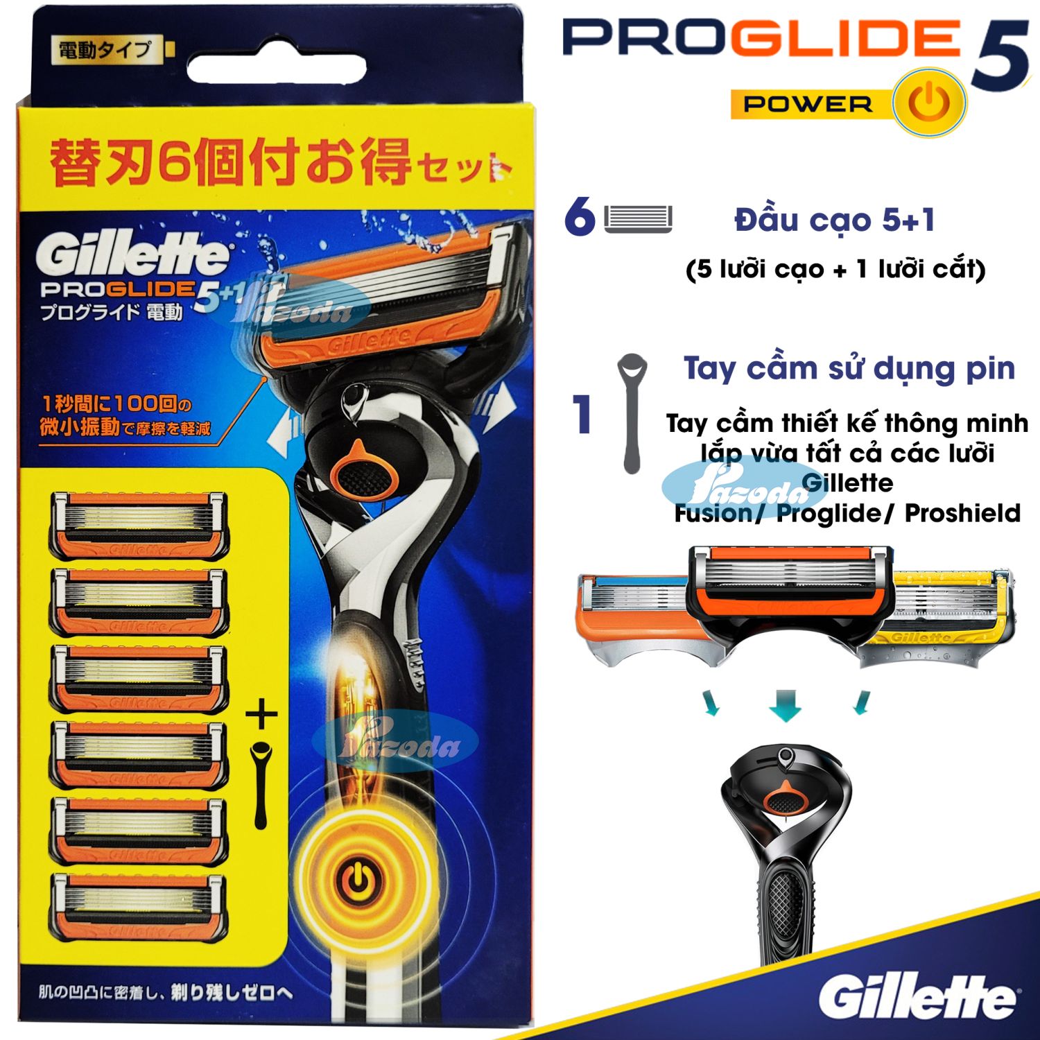 Dao cạo râu 5 lưỡi Gillette Proglide5 Power - Nhật (1 tay cầm sử dụng pin và 6 đầu cạo 5+1)