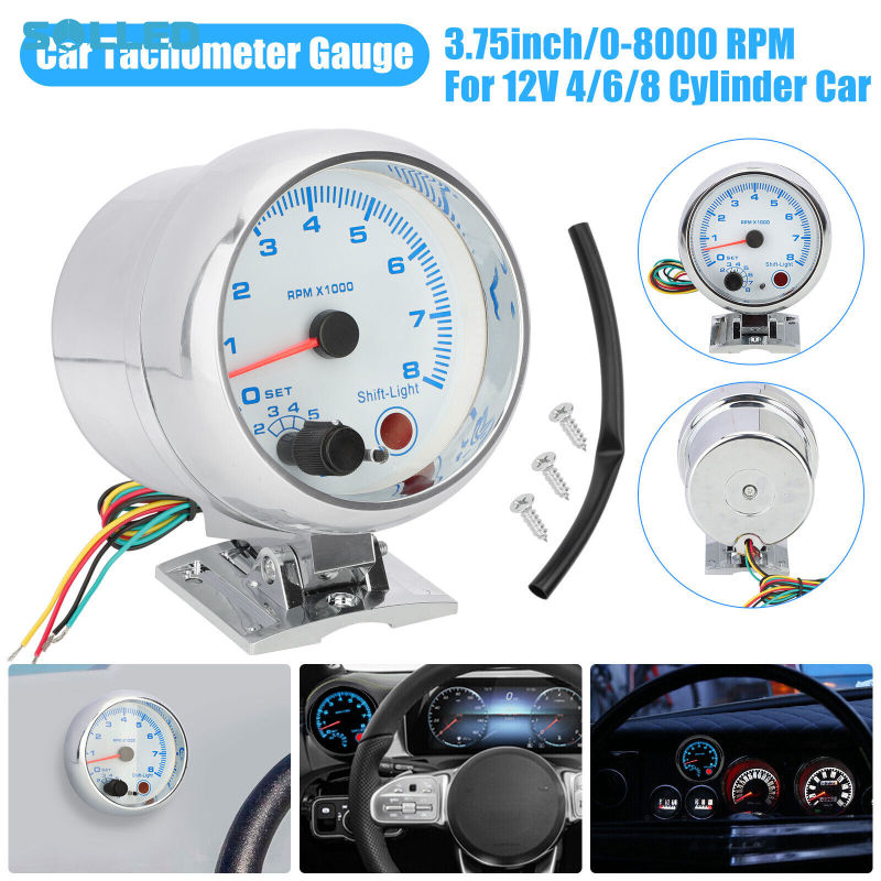 3.75 Car Tachometer Gauge Blue Backlight 0-8000 RPM LED Tacho Gauge Meter  Universal For Most 4/6/8 Cylinder 12V Vehicles