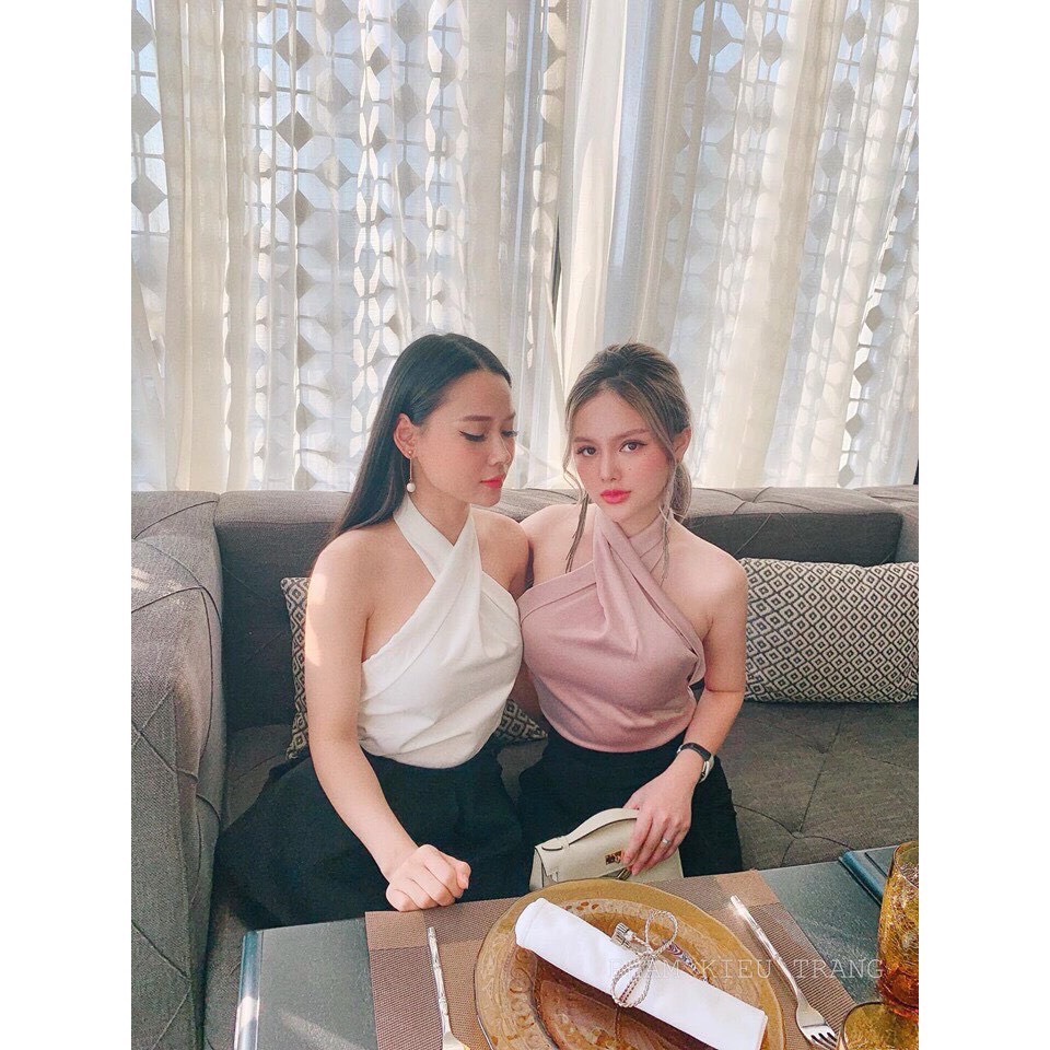 Áo phi lụa cổ yếm - kèm hình thật ,Áo phi lụa cổ yếm xoắn chéo cổ sang chảnh,áo cổ yếm,áo lụa cổ chéo,áo cổ đổ phi lụa hở lưng,áo yêm nữ sexy,