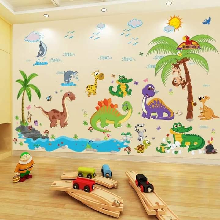 Decal dán tường khủng long và ao cá sấu