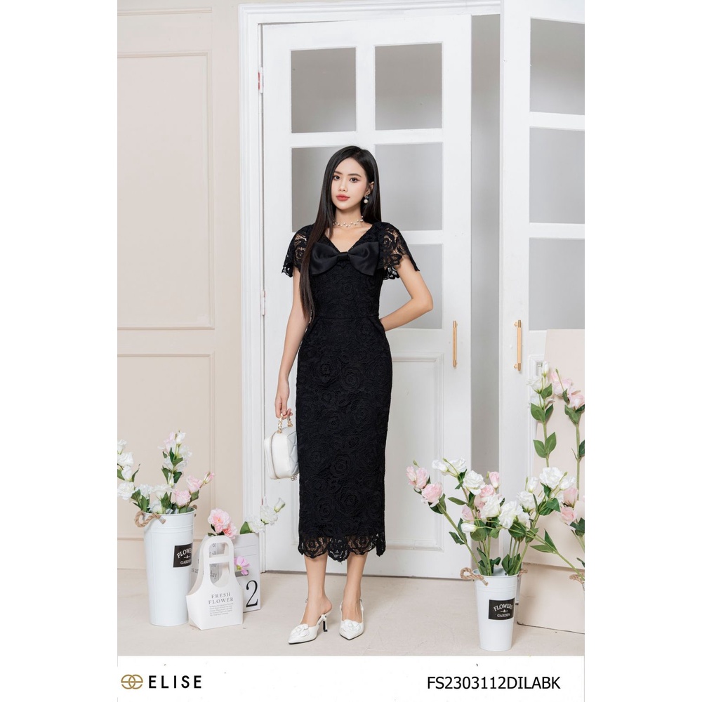 Đầm ôm ren hoa đen nơ cổ thiết kế elise fs2303112dilabk