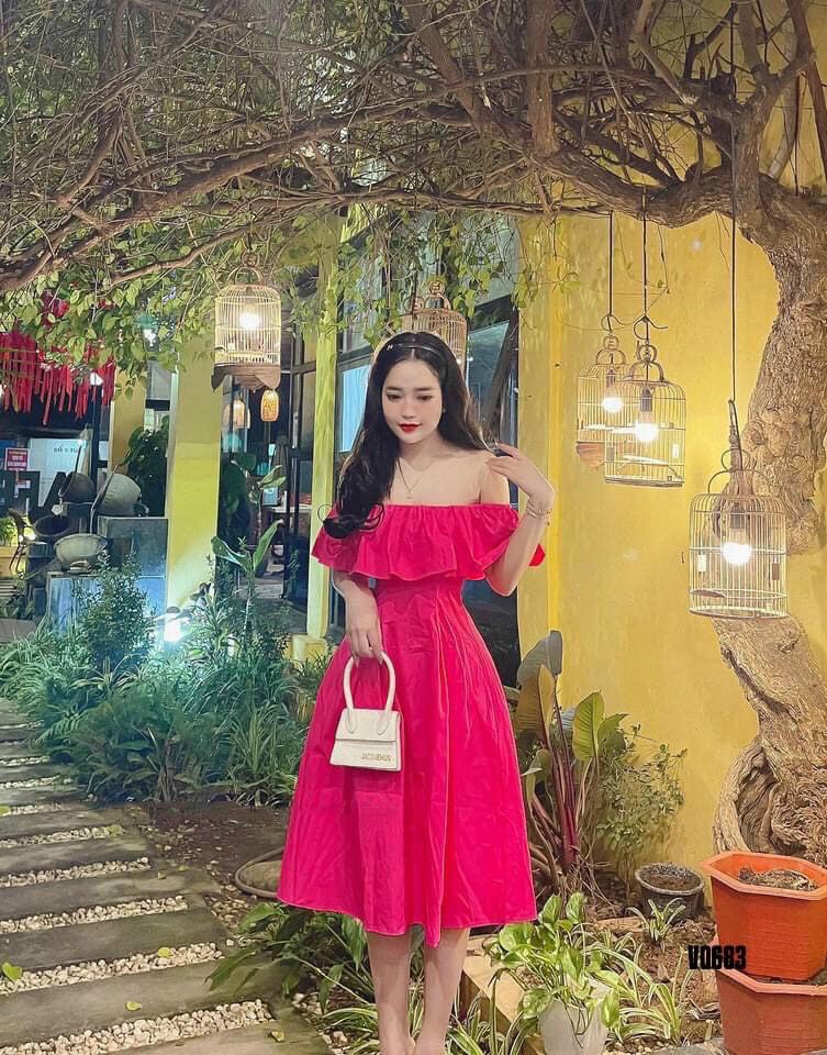 Đầm tiểu thư trễ vai dáng váy xòe, đầm đi tiệc nữ dáng xòe trễ vai, váy trễ vai nữ màu trơn sang chảnh