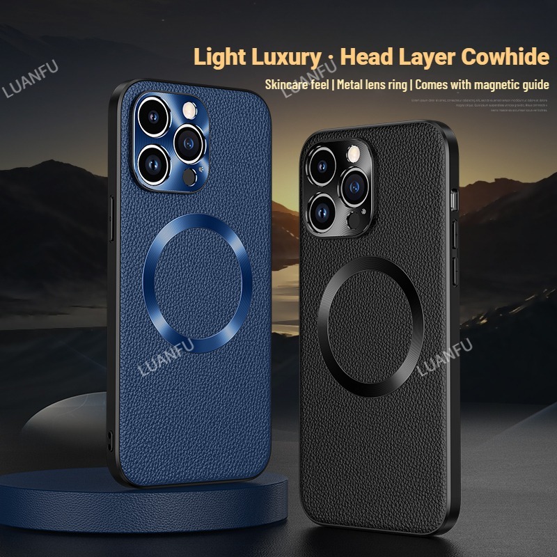 Case for iPhone 12 13 14 15 Pro Max Case Top Cowhide Wireless Charging Case for iPhone 15 Plus Metal Lens Ring Drop-Proof Shockproof Case
