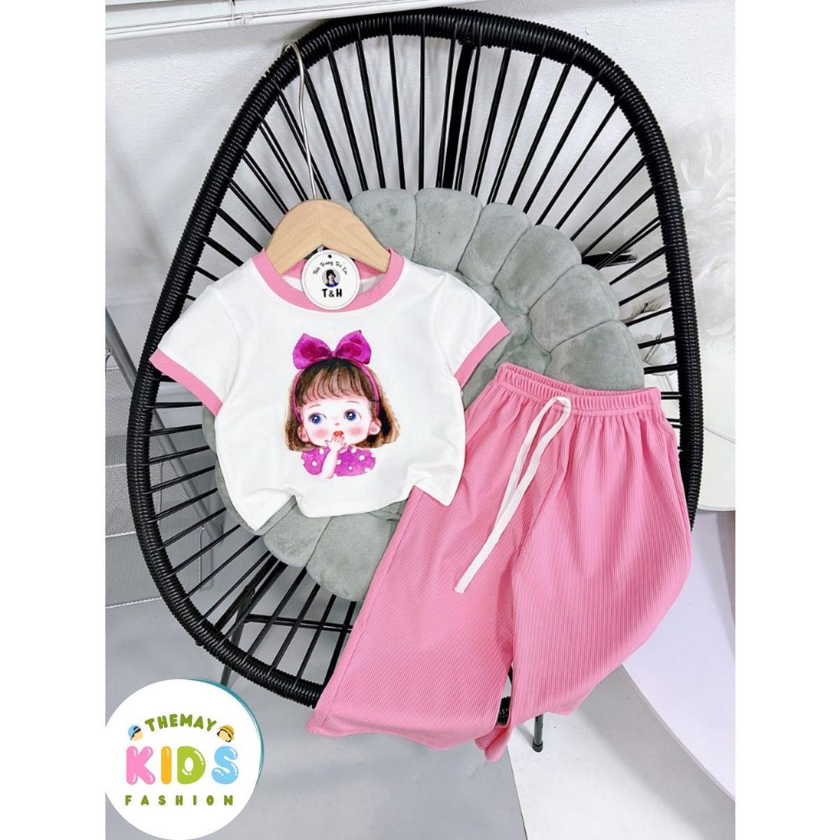 Đồ bộ bé gái quần ống rộng thu gân lụa