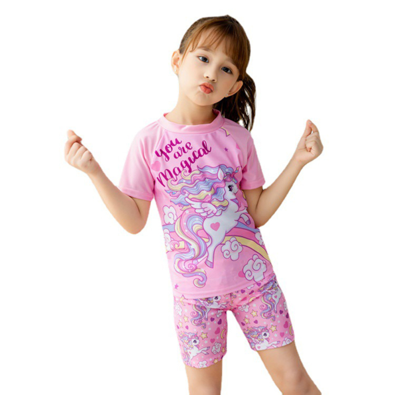 Litake2pcs/set Polyester Children Swimsuit Cartoon Sunscreen Short-sleeved Swimsuit + Swimming Pants For 3-11 Years Old