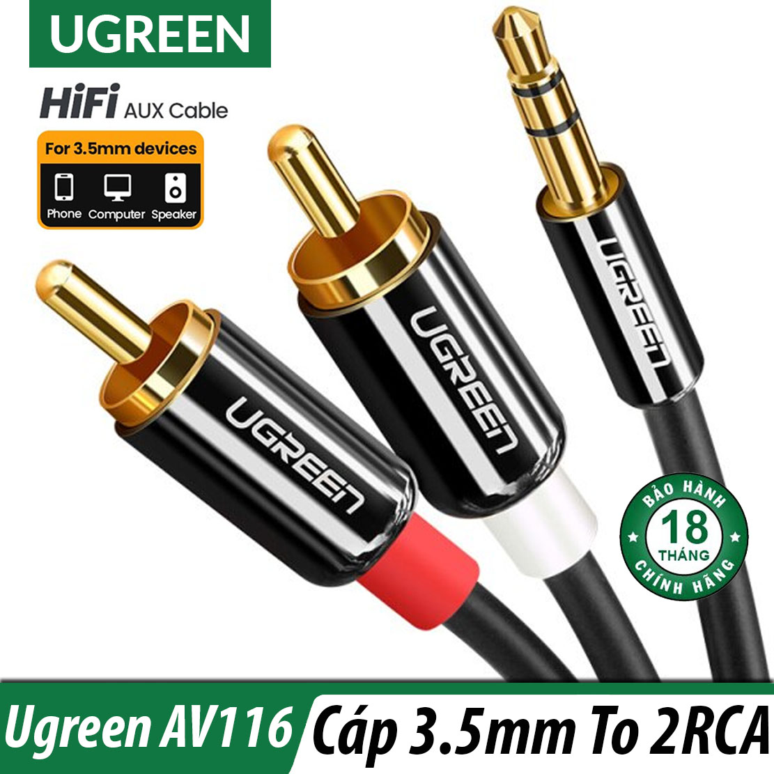 [HCM]Cáp Audio 3.5mm ra 2RCA Cao Cấp UGREEN AV116