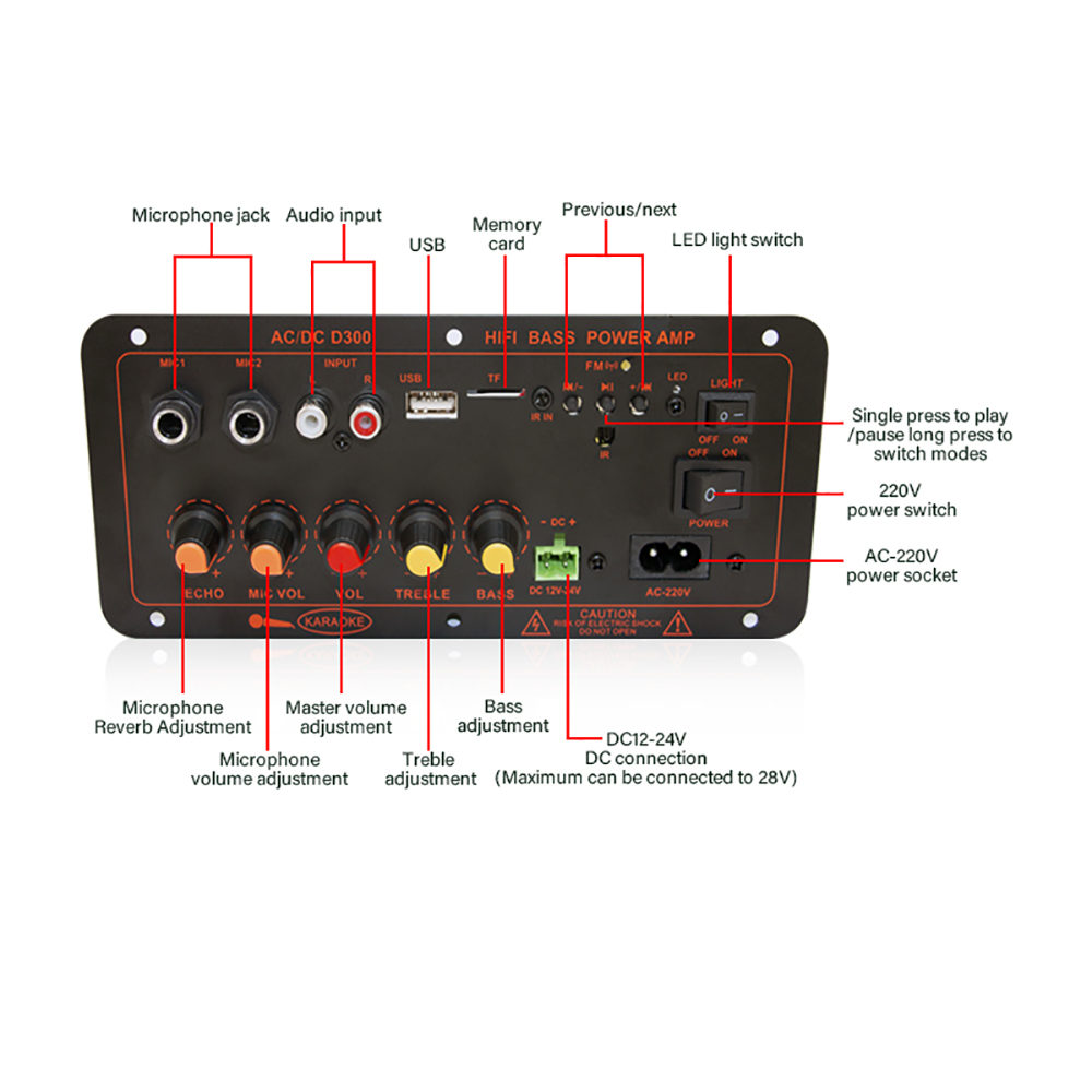 Âm thanh Bluetooth bảng khuếch đại 600W 300W loa siêu trầm micro kép mô-đun AMP cho 8 ohms loa 12/24V 110/220V