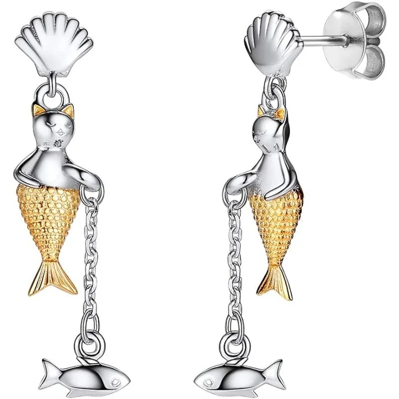 [Clearance] Silvora Mermaid Series Jewelry Women Gold and 925 Sterling Silver Creative Half Cat Half Fish Siren Ocean Beauty Dangle Earrings