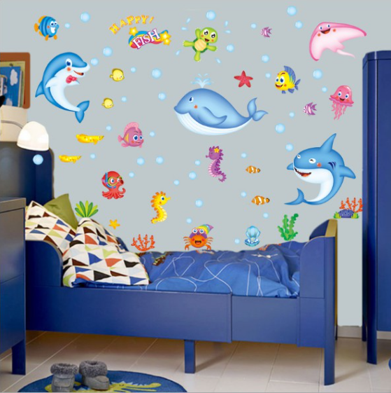 Decal trang trí tường - đàn cá xanh vui nhộn