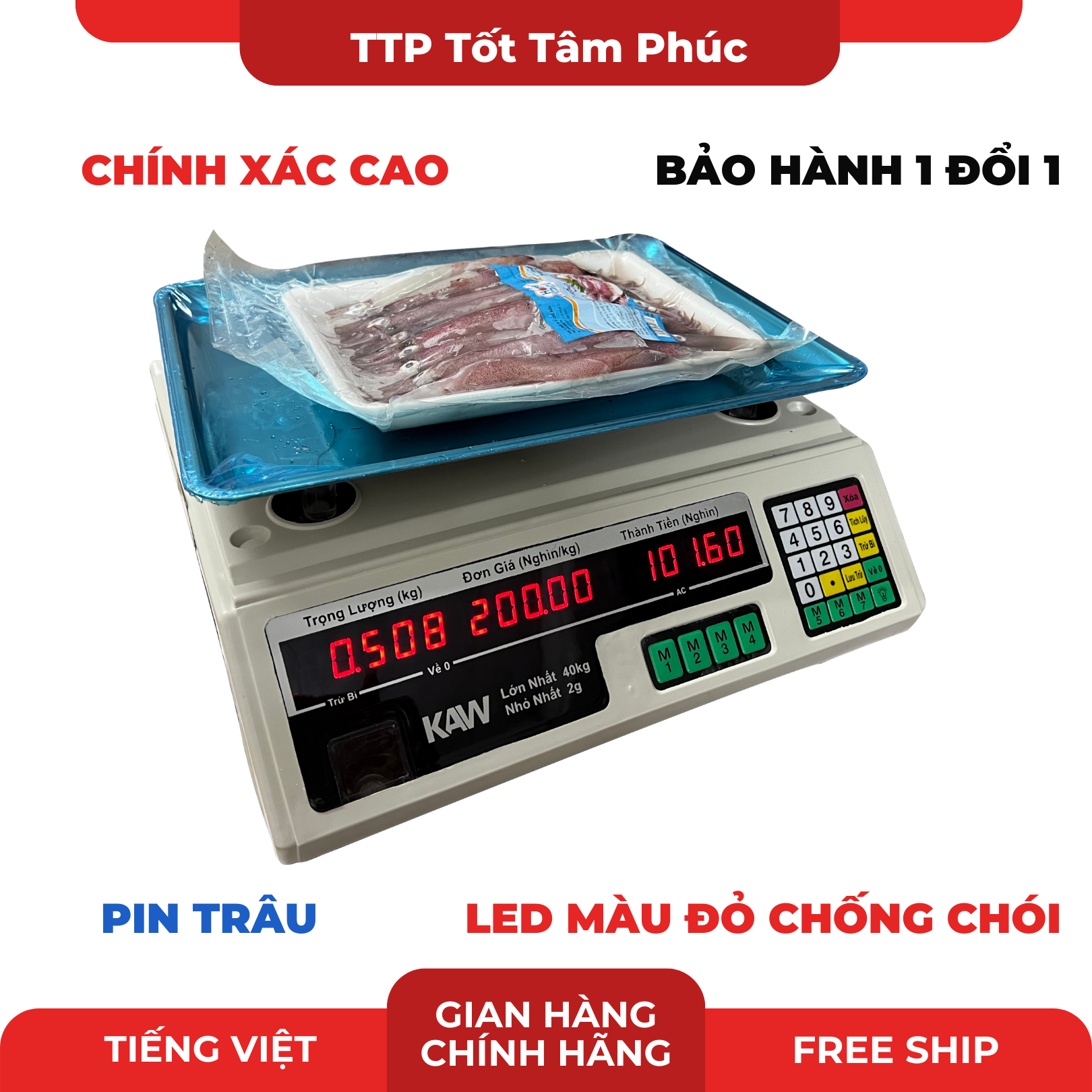 Cân Điện Tử - Cân điện tử 40KG tính tiền tự động, Chinh xác cao, Pin Trâu, Đa chức năng, LED chống chói, sử dụng đơn giản, dễ dàng - Hiển thị Tiếng Việt, BH 12 tháng.