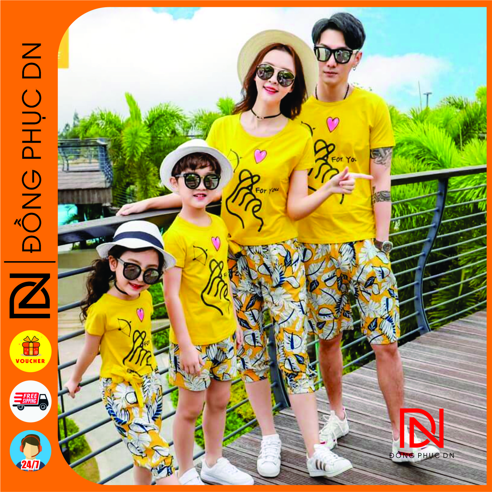 Áo gia đình đi biển bắn Tim màu vàng