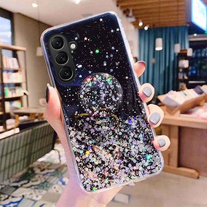Phone Cover Samsung M35 A35 Back case Glittering Soft Stars Moon Sequins Folding Stand Transparent Silicone Anti Drop For Galaxy A35 M35 Phone cases.