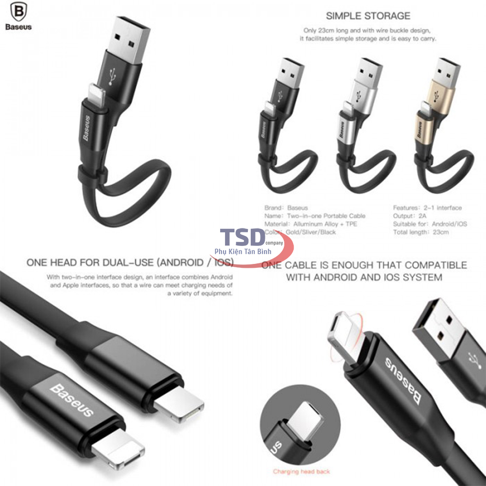 Cáp Sạc Ngắn Đa Năng Baseus 2 in 1 Micro USB và Lightning Chính Hãng
