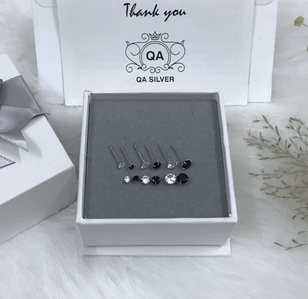Bông tai bạc 925 đính đá đen trắng chấu khuyên nụ trơn nam nữ S925 BASIC QA SILVER Earrings EA170801