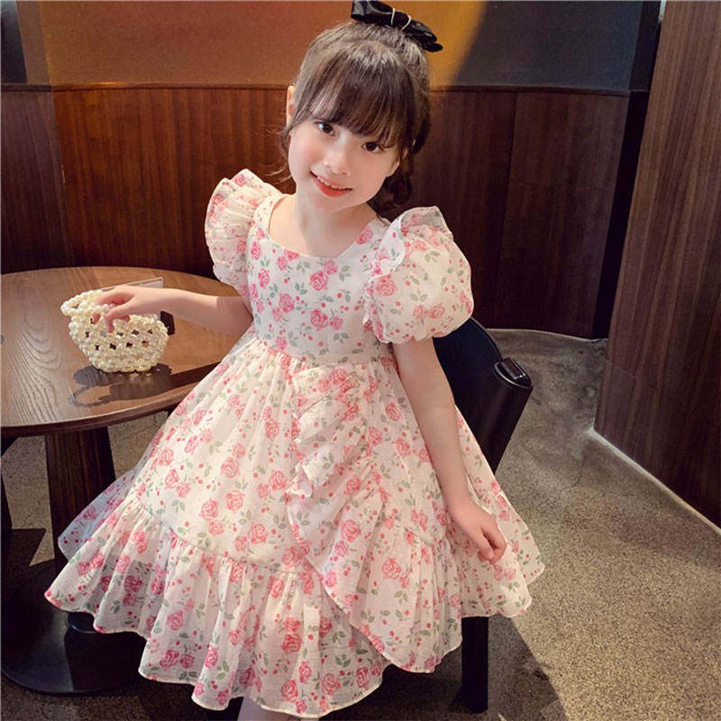 IQANGEL Girls' floral dress, children's fashionable floral dress, chiffon fabric