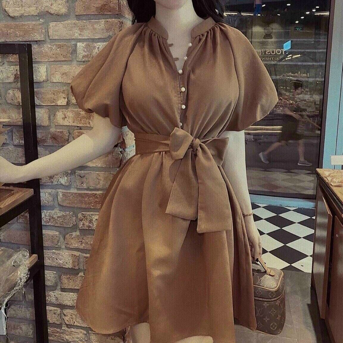 Đầm voan nơ eo cổ sơ mi đính ngọc thời trang siêu sang