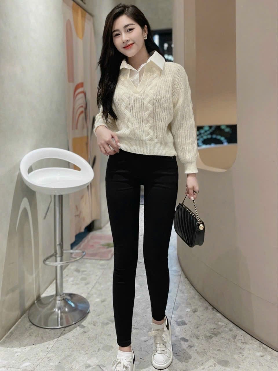 Áo len nữ tay dài phối cổ sơ mi, len dày đẹp