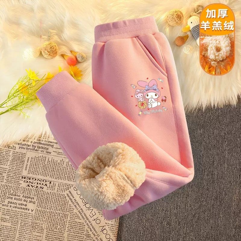 HOBIBEAR girls' sherpa pants Children's velvet thickened cute cartoon warm pants New winter girls' fashionable casual pants