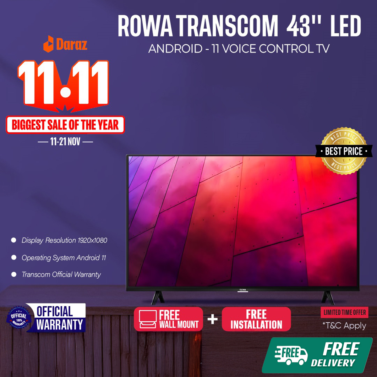 ROWA Transcom Official warranty 43" Android -11 Voice Control LED TV | 43S52 with Free Delivery