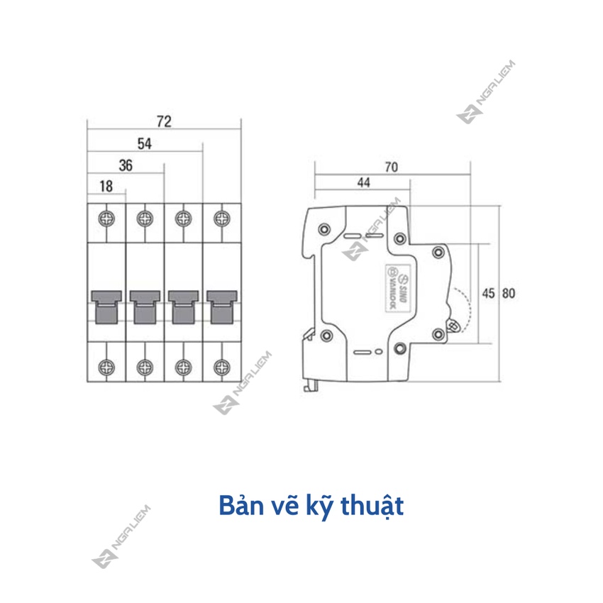 CB 2 Tép SINO (10A, 16A, 20A, 25A, 32A, 40A, 63A) PS45N - 2 Cực