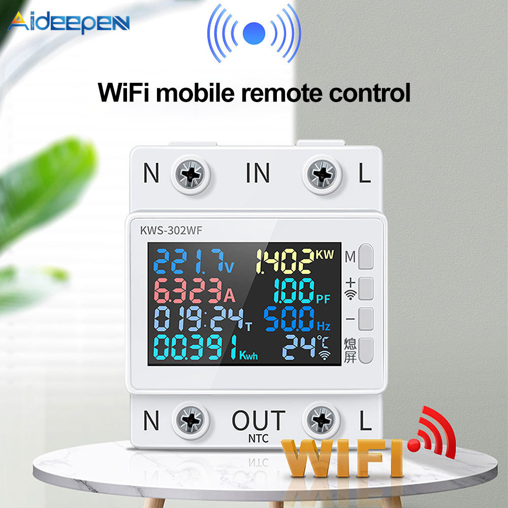 Aideepen Đồng hồ đo năng lượng kỹ thuật số đa chức năng Din Rail Power Meter Đồng hồ kWh với màn hình LED AC170-300V